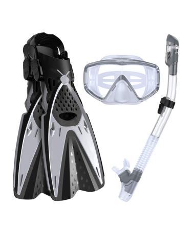Ertong Scuba Diving Gear Swimming Combo Set Waterproof and Anti-Fog Snorkel Mask+Adjustable Freediving Swimming Fins/Flippers+ Breathing Tube for Adults and Kids Silver Gray S/M(Adult US Size 4.5-8.5)