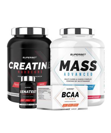 Superset Nutrition | Expert Mass Gain Program - Mass Advanced 2.5kg Strawberry Yogurt - Creatine Hardcore - Bcaa Xtreme - Xenatest Hardcore