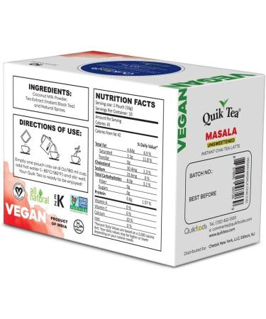 QuikTea Vegan Unsweetened Masala Chai Tea Latte - 10 Count Single Box - All Natural & Preservative Free Authentic Instant Chai Vegan Unsweetened Masala 10 Count (Pack of 1) - Buy Online on GoSupps.com