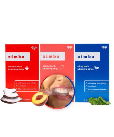Zimba Teeth Whitening Strips for Teeth Sensitive Vegan White Strips for Teeth Whitening Teeth Whitener Stain Remover Coconut (1 Pack) Mint (1 Pack) and Peach (1 Pack) 84 Strips Included Coconut/Mint/Peach