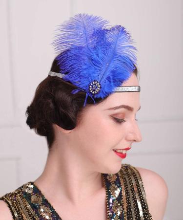 Anglacesmade 1920s Flapper Peacock Feather Headband Royal Blue with Elastic Band Costume Feather Headpiece Great Gatsby Hair Jewelry for Women and Girls - Buy Online on GoSupps.com