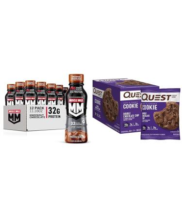 Muscle Milk Pro Advanced Nutrition Protein Shake Knockout Chocolate 11.16 Fl Oz Pack of 12 & Quest Double Chocolate Chip Protein Cookie 12 Count