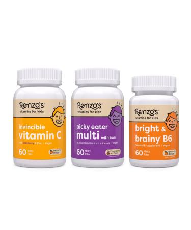 Renzo's Vitamins Back to School Bundle - Bright & Brainy Vitamin B6 Picky Eater Kids Multivitamin and Kids Vitamin C with Elderberry & Zinc for Immune Support