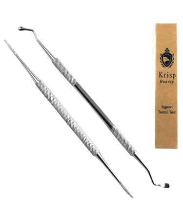 Ingrown Toenail Tools - Sharp Edge Spoon Shaped Double Ended Toenail Lifter & Nail File Cleaner Trimmer Surgical Medical Grade Stainless Steel Manicure Pedicure Nail Care Tool (2 Pc Set) by Krisp