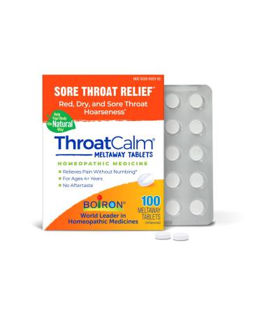 Boiron ThroatCalm Tabs - 100 Count for Pain Relief from Red Dry Scratchy Sore Throats and Hoarseness - Throat Calm Meltaway Tablets