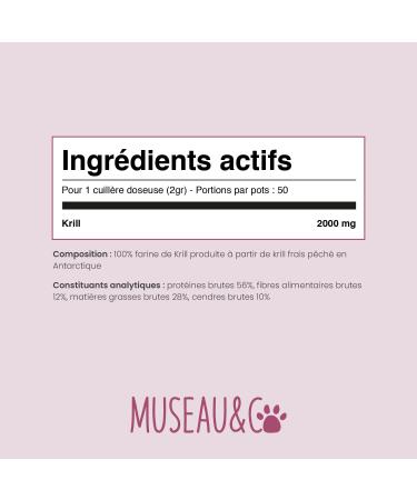 Museau & Co Krill Powder for Dogs and Cats - 100% Natural Food Supplement - Rich in Omega 3 and 6 - Astaxanthin - Beauty of the Coat Joints and Immune System - 100g - Buy Online on GoSupps.com