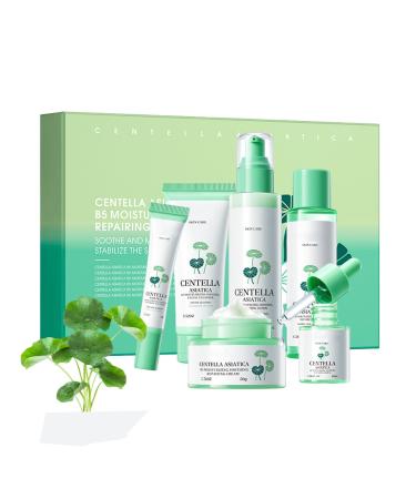 Centella Asiatica Skincare Set 6PCS Skincare Gift Set with Cleanser Toner Lotion Face Cream Eye Cream And Serum Hydrates and Moisturizes Soothes and Repairs the Skin Korean-Style Skincare Set