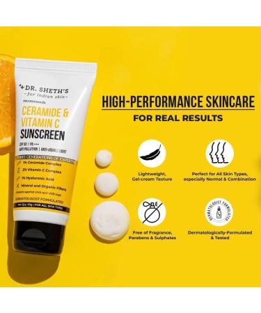 dr Sheth's Sunscreen SPF 50 Cream with Ceramide & Vitamin C for Oily Sensitive Dry Skin | For Intense Hydration | Non Greasy Quick Absorbing | Zero White Cast | PA+++ | For Women & Men | 80g - Buy Online on GoSupps.com