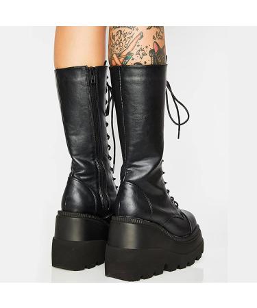 Chidy Women's Wedge Platform Mid Calf Boots - Chunky High Heel Side-Zip Lace-Up Motorcycle Riding Boots | Punk Gothic Fashion | 42 EU Black - Buy Online on GoSupps.com