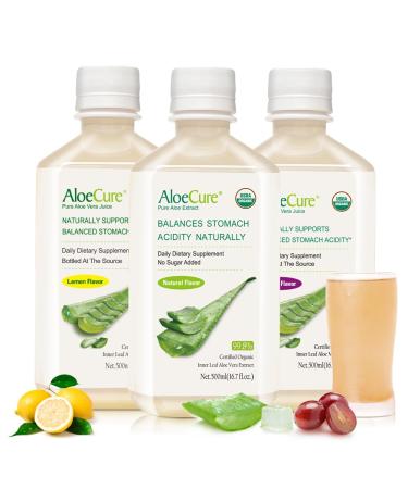 AloeCure Organic Aloe Vera Juice - 3 Bottle Sample Pack - Lemon Grape Natural Flavor - 3x500ml