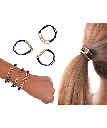 3 PCS Elegant Black Gold Bracelet Hair Ties for Women and Girls - No Crease Elastic Bands - Buy Online on GoSupps.com