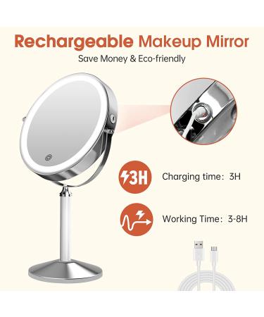 Rechargeable 8 inch Lighted Makeup Mirror with 10X Magnification - 2-Sided Vanity Mirror with Dimmable LED Lights - 360 Degree Adjustable Silver Finish - Buy Online on GoSupps.com