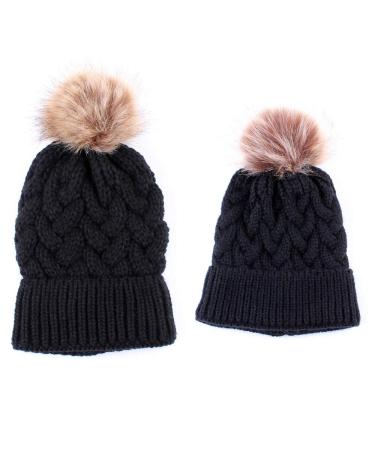 2PCS Family Matching Hat Winter Warmer Mother & Baby Knit Hat Ski Cap Baby &Mother Black