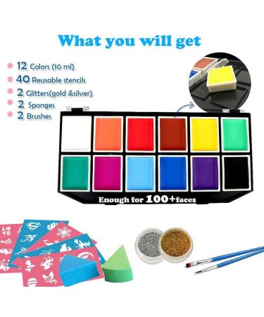 Bowitzki Face Paint Kit - 12 Vibrant Colors 2 Glitter 40 Stencils Hypoallergenic & Non-Toxic for Kids - Perfect for Halloween & Professional Use - Buy Online on GoSupps.com