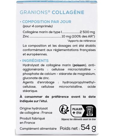 Marine Collagen Granions | Marine Collagen 2500mg + Zinc | Skin Hydrolyzed Hydrolyzed Marine Collagen Type 1 + Zinc Food Supplement - Marine Collagen Made in France - 60 Tablets - Buy Online on GoSupps.com