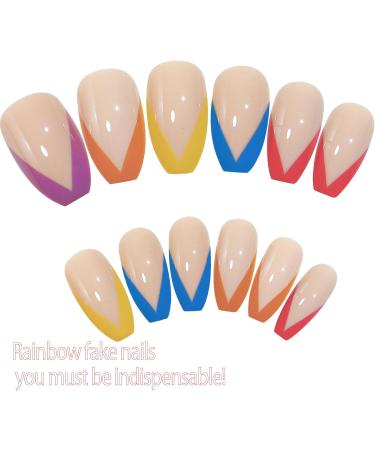24pcs French Almond Press on False Nails with Glue - Multicolor French Style for Women and Girls Nail Art - Buy Online on GoSupps.com