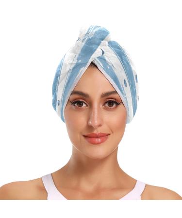 Lovely Whale Light Blue White Striped Hair Towel 2 Pack Super Absorbent Hair Drying Towel Quick Dry Hair Turbans Head Towel with Button Twisty Wrap for Women Girls