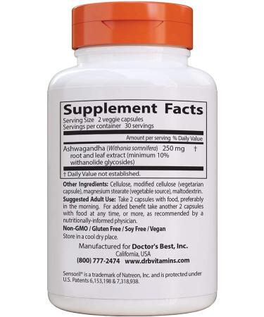 Doctor's Best Ashwagandha with Sensoril 125 mg - 60 Vegan Capsules for Stress Relief & Wellness - Buy Online on GoSupps.com