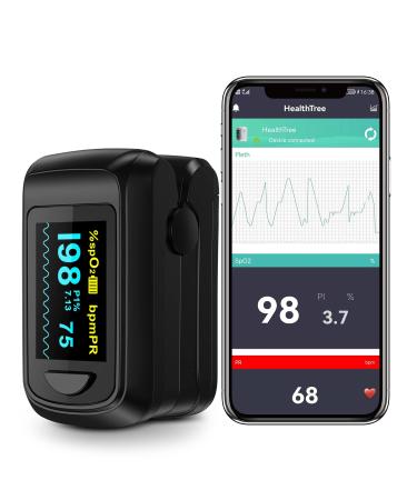 Fingertip Pulse Oximeter Bluetooth Blood Oxygen Saturation Monitor and Pulse Rate Monitor for Apple and Android, with OLED Screen 2 X AAA Batteries and Lanyard black