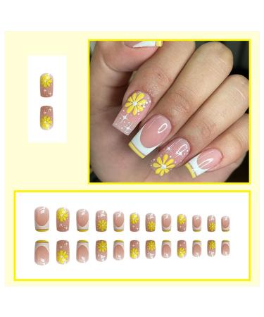 24Pcs Medium Square French Tip Yellow Flower Star Press on Nails | Acrylic False Nails for Women - Glossy Full Cover Design - Buy Online on GoSupps.com