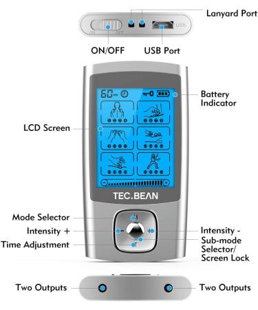 TEC.BEAN 24 Modes TENS Unit Muscle Stimulator + 8 Electrode Pads | Rechargeable Electric Pulse Massager for Pain Relief Therapy - Buy Online on GoSupps.com