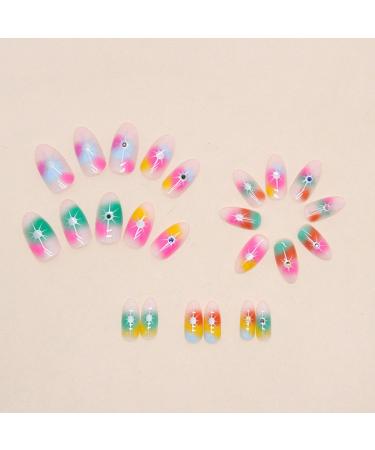 24 Piece Colorful Almond False Nails - Glossy Artificial Press-On Nails with Rainbow Star Art for Women & Girls - Buy Online on GoSupps.com