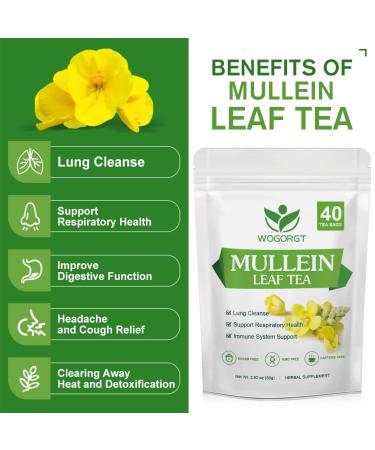 Mullein Tea Bags - Natural Lung Cleanse and Respiratory Support - 40 Caffeine-Free Tea Bags - Buy Online on GoSupps.com