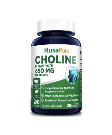 Choline Bitartrate 650 mg 200 Veggie Capsules ( Vegetarian, Non-GMO & Gluten-Free)
