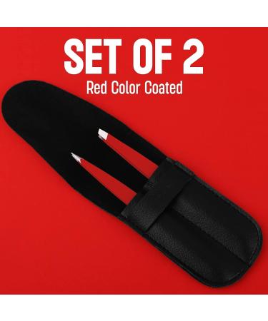 Professional Stainless Steel Precision Tweezers Set - 2 Pcs for Eyebrows, Ingrown Hair, Facial Hair Removal - Red - Buy Online on GoSupps.com