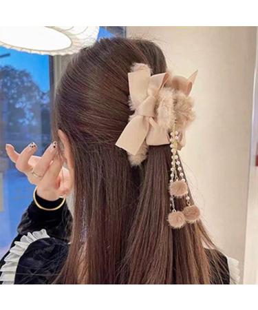 Jumwrit Furry Hair Claw Big Bow Hair Clips Banana Jaw Clips Pearl Tassel Hair Clips Strong Hold Hair Claw Clips Fashion Hair Accessories for Women and Girls(Pink)