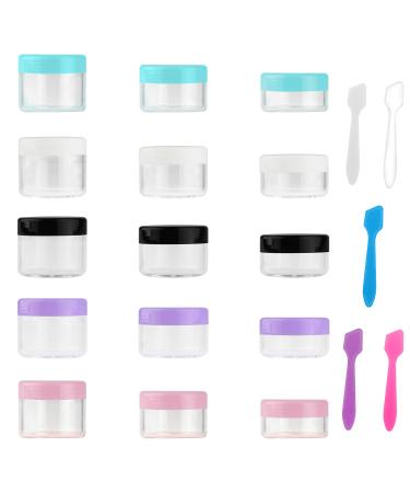 Accmor 15 Pieces Empty Clear Plastic Sample Containers with Lids 10/15/ 20 Gram Size Cosmetic Pots Jars with 5 Pieces Mini Spatulas Multi-colored