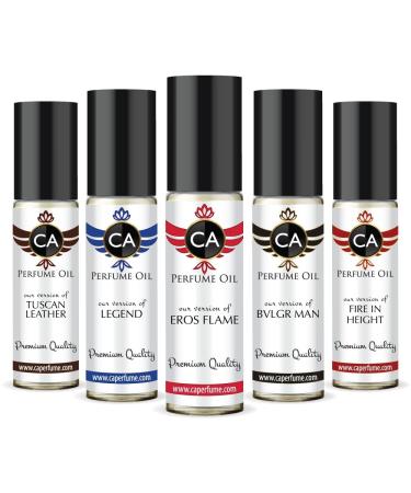 CA Perfume Best Fall Men Set Impression of (Eros Flame + Bvl. Man + Legend + Fire In Height + Tuscan Leather) Fragrance Body Oils Essential Sample Travel Size Roll-On (0.3 Fl Oz/10 ml) x5