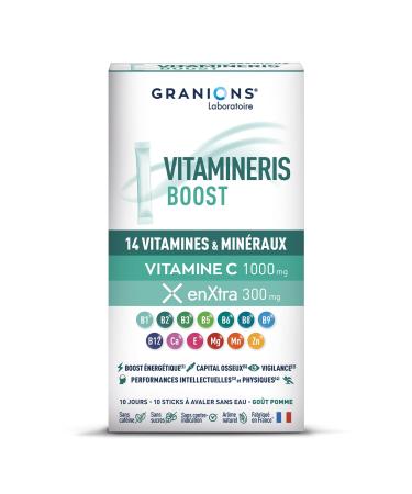 GRANIONS - Vitamineris BOOST - Multivitamins - Vitamin Vitamin C Vitamin B12 - Made in France - 10 vitamins 4 minerals and a plant extract - 10 sticks Waterless - Apple taste