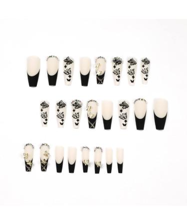 JUSTOTRY 24 Pcs Diamante Butterfly Design Black French Press on Nails - Nude Medium Ballerina Stick on Acrylic Coffin False Nails with Glue for Women - Buy Online on GoSupps.com