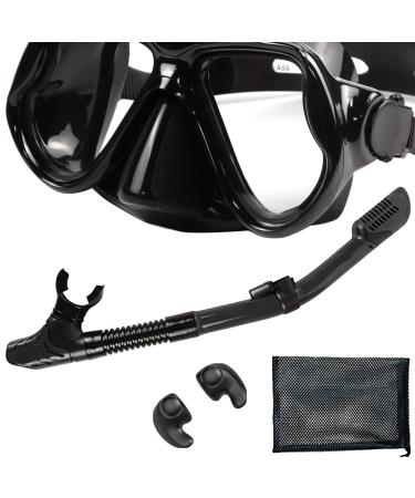 PIYAZI Snorkel Set for Adults Panoramic Wide View Mask and Full Dry Top Snorkel Set Anti-Fog Tempered Glass Scuba Diving Package with Travel Bag Ear Plug for Snorkeling Scuba Diving Swimming Black