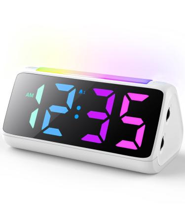 Alarm clock digital digital alarm clock children with light colorful LED display 0-100% brightness dimmer 2 alarms snooze 3 alarm clock thickness USB loading connection children's alarm for bedroom boy girls white