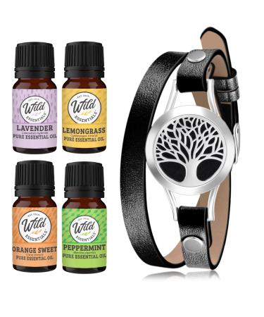 Wild Essentials Tree of Life Essential Oil Leather Wrap Bracelet Diffuser Kit Gift Set Lavender Lemongrass Peppermint Orange Oils 12 Pads Customizable Color Changing Perfume Jewelry Black 4 Oils Black Band