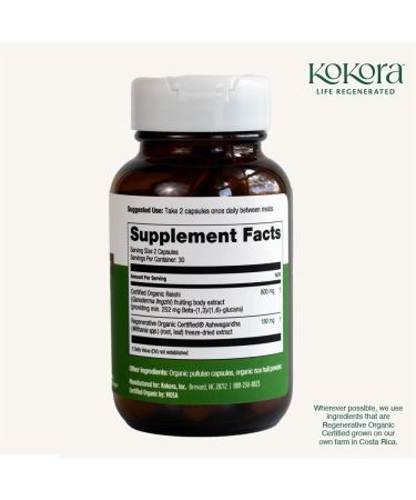 kokora Reishi Vitality - Organic Adaptogenic Mushroom Supplement - Includes Potent Extracts of Reishi and Ashwagandha - 60 Capsules - 30 Servings - Buy Online on GoSupps.com
