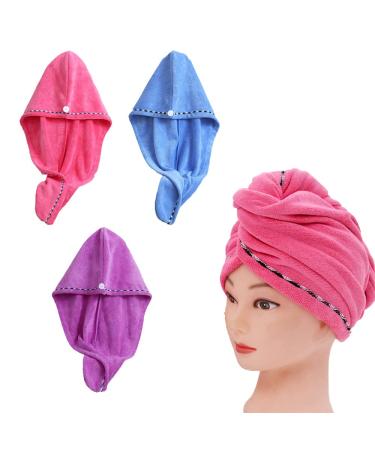 Anller microfiber hair towel towel with a button drying cloth for dry hair bathing cap shower head towel for long and thick hair super absorbent soft (red & blue & purple) 3 pieces