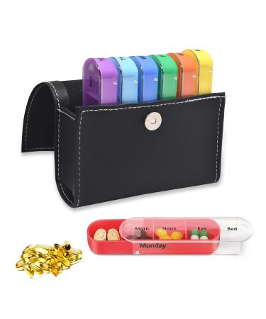 RZJZGZ Daily Pill Organizer 7 Day Pill Box Weekly Medication Reminder 4 Times a Day Includes Black Leather PU Carrying Case