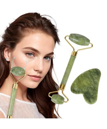 Jade Roller & Gua Sha Facial Tool 100% Natural Facial Stone Face Roller Face Massager for Skin Tightening Neck Eye Treatment Anti-aging Rejuvenate Remove Wrinkles and Puffiness (Green)