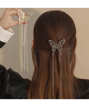 2Pcs Metal Butterfly Hair Clips Gold Black Butterfly Hair Claw Clips No Crease Hair Jaw Clips French Hair Accessories Decorations Strong Hold Small Rhinestone Butterfly Hair Grab Clips with Tassel Design Gold+Black
