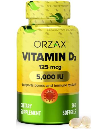 ORZAX Vitamin D3 5000 iu 360 Days Supply Supports Immune System & Bone Healths Mood Booster D3 Vitamin Gluten-Free 125 mcg 360 Mini Softgel