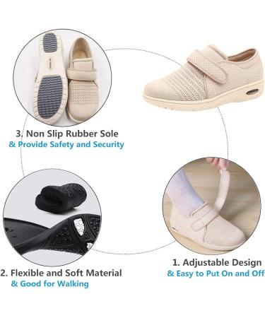 Women's Adjustable Diabetic Walking Shoes - Wide Width Sneakers for Seniors with Swollen Feet & Foot Pain - Breathable Beige - Buy Online on GoSupps.com