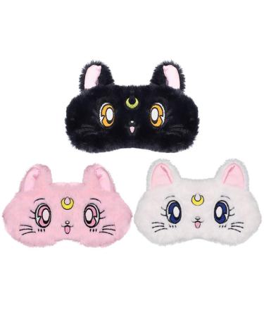 ZTL 3 Pack Cute Cat Sleeping Mask Soft Plush Blindfold Eye Cover for Kids Teens Girls Women Home Sleeping Traveling
