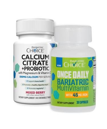 Bariatric Choice Multivitamin & Calcium Bundle (1-Month Supply) | 45mg Iron Multivitamin + 500mg Calcium Citrate with D3 & Probiotics | 30 Capsules + 90 Berry Chewables for Bariatric Surgery Patients