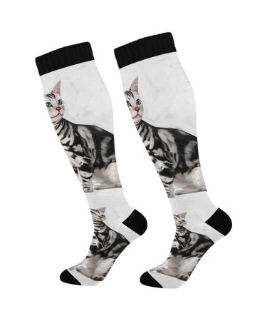 Haskirky High Elasticity Compression Socks High Knee Socks Adult Universal Leisure Relieve Fatigue American Short Hair Cat Travel Daily with Running (2 Pair)