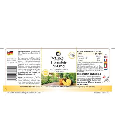 Bromelain Capsules 250mg - High Dose Vegan Pineapple Enzyme | 100 Capsules | Warnke Vital Substances - German Pharmacy Quality - Buy Online on GoSupps.com