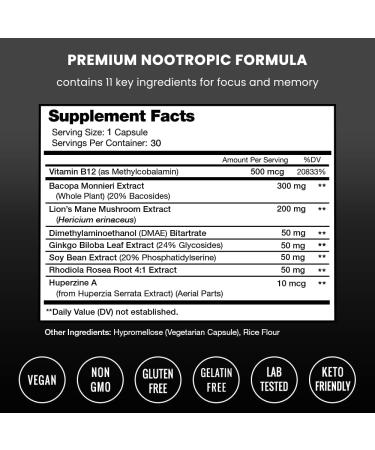 NeuraSpark Premium Brain Supplement - Nootropic Booster for Focus, Memory & Energy - Ginkgo Biloba, St John's Wort, DMAE, Rhodiola - 30 Capsules - Buy Online on GoSupps.com
