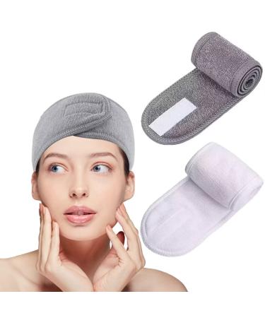 Flytianmy 2 Pcs Spa Facial Headband  Adjustable Face Wash Headband with Magic Tape for Bath  Makeup and Sport (Grey  White) Grey  White 2 Pcs